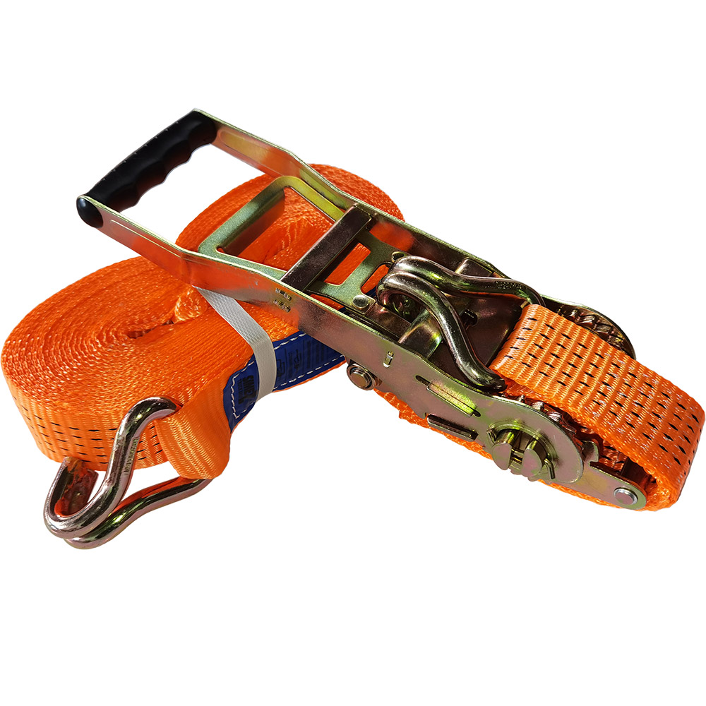 Upínací pás 10 m/5 t s  ERGO ráčnou s obšitým štítkem a dvěma háky (kurtna, kurta)